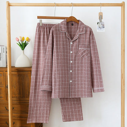 2025 Japanese New Men's Spring/Summer Pajama Set 100% Cotton Plaid Long Sleeve Pants Two Piece Set Large Relaxed Home Furnishing