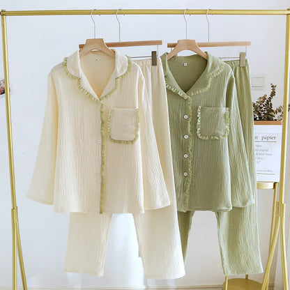 2025 Spring and Autumn New Women's Pajama Set 100%Pure Cotton Crepe Lapel Long sleeved Pants Two piece Set Fresh Loose Home Fury
