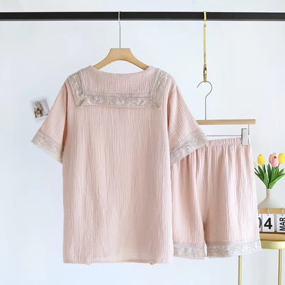 2025 New Japanese Women's Summer Pajama Set 100% Cotton Crepe Short Sleeve Shorts Two Piece Lace Neck Breathable Home Suit Set