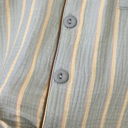 New men's sleepwear two-piece set for spring 2025 100% cotton crepe fabric vertical stripe long sleeved long pants home suit set