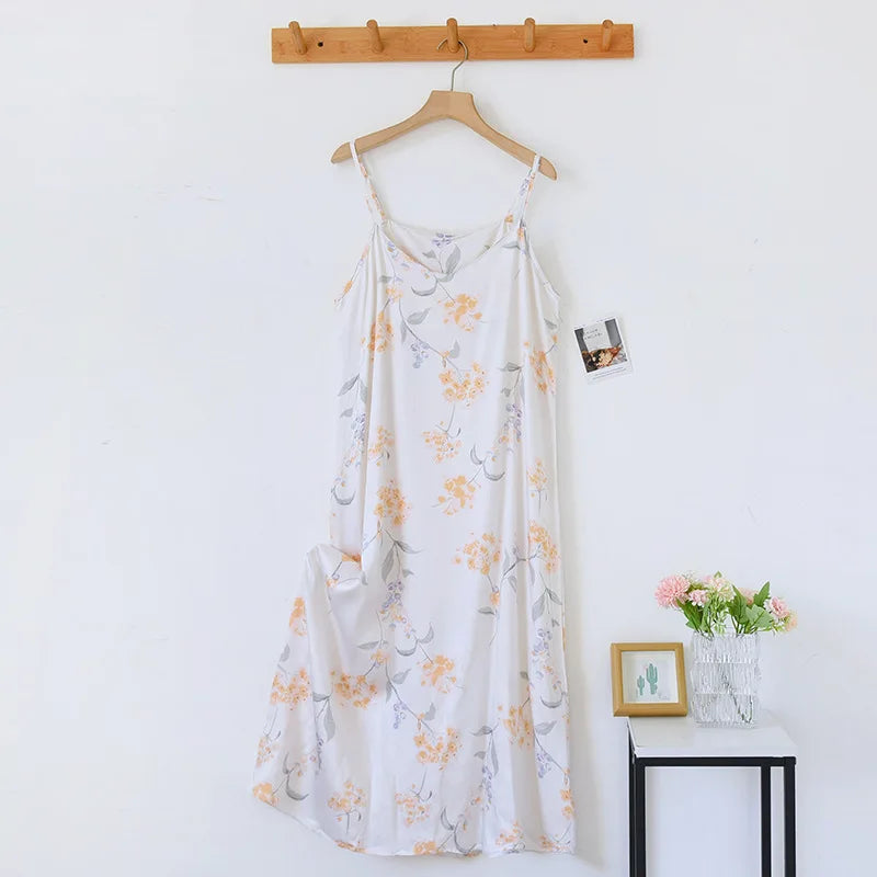 2025 Spring/Summer New Women's Sling Skirt 100% Viscose Fiber Sleeping Skirt Printed Sleeping Skirt Sexy Home Dress for Ladies