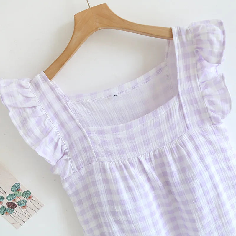 2025 Summer New Women's Sleeping Skirt Tank Top 100% Pure Cotton Large Size Loose Plaid with Chest Cushion Dress Home Fury