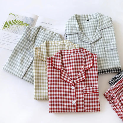 2025 Spring/Summer Couple Pajama Set 100% Cotton Double Layer Gauze Men's and Women's Japanese Plaid Set Long sleeved Home Fury