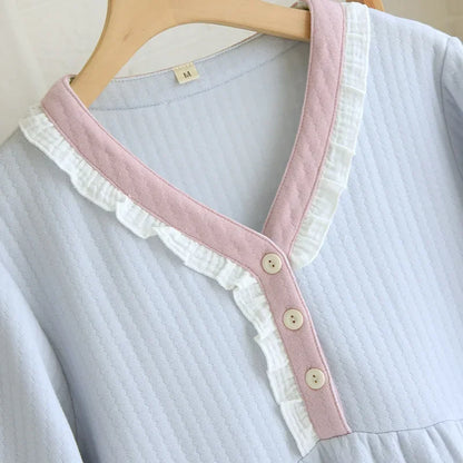 Autumn and Winter New Women's Long Skirt Thickened Thermal Nightdress 100% Cotton Cotton Clip Long Sleeve Home Dress sleepwear