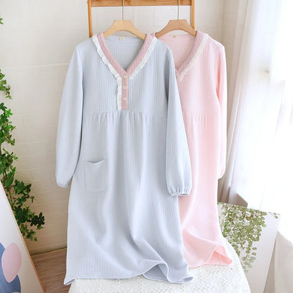 Autumn and Winter New Women's Long Skirt Thickened Thermal Nightdress 100% Cotton Cotton Clip Long Sleeve Home Dress sleepwear