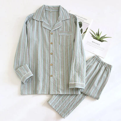 2025 New Spring/Summer Couple Set 100% Cotton Striped Long Sleeve Two Piece Set Men's and Women's Cardigan Home Clothes