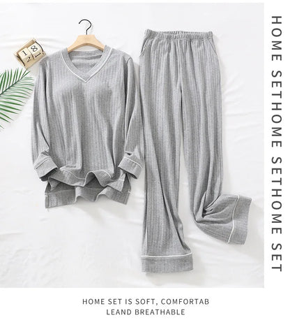 New Spring and Autumn Women's Pajamas Set V-Neck Cotton Thread Knitted Long Sleeve Pants Solid casual two-piece home clothes