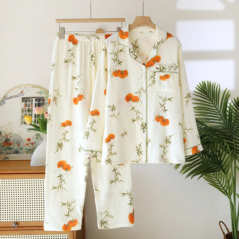 2025 New Spring/Summer Women's Pajama Set 100% Cotton Crepe Cute Love Long Sleeve Long Pants Two Piece Set Cardigan Home Clothes