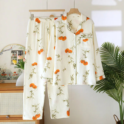 2025 New Spring/Summer Women's Pajama Set 100% Cotton Crepe Cute Love Long Sleeve Long Pants Two Piece Set Cardigan Home Clothes