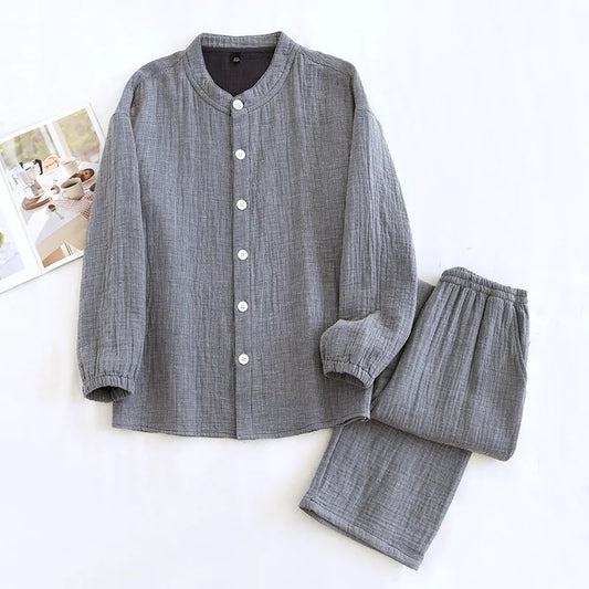 2025 Spring and Autumn New Couple Pajama Set 100% Pure Cotton Crepe Cloth Men's and Women's Stand up Neck Simple Home Clothing