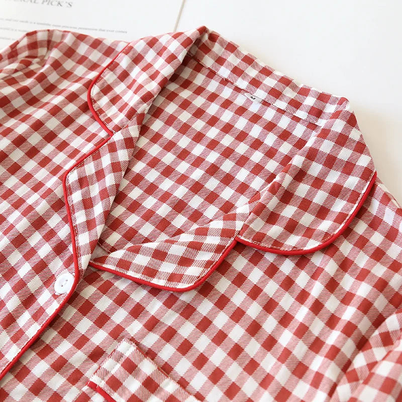 2025 Spring/Summer Couple Pajama Set 100% Cotton Double Layer Gauze Men's and Women's Japanese Plaid Set Long sleeved Home Fury