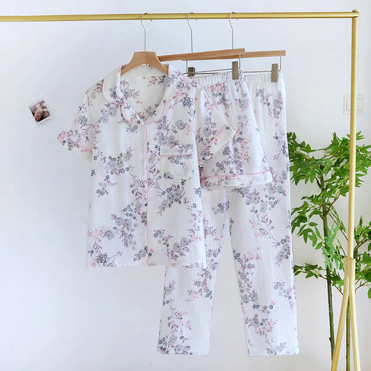 2025 New Women's Spring/Summer Pajama Set 100% Cotton Short Sleeves+Shorts+Long Pants Three Piece Thin Sweet Home Furnishings