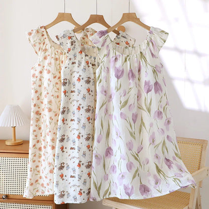 2025 New Summer Women's Sleeping Skirt 100% Cotton Crepe Cloth with Chest Cushion Tank Top Skirt Loose Thin Large Home Clothing