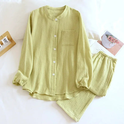 2025 New Spring and Autumn Couple Pajama Set 100%Cotton Crepe Fabric Men's and Women's Long Sleeve Pants Home Suit Two Piece Set