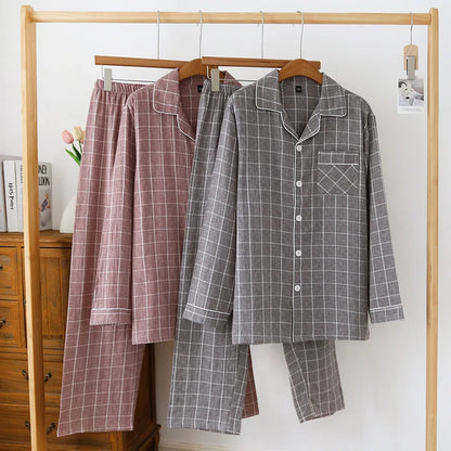2025 Japanese New Men's Spring/Summer Pajama Set 100% Cotton Plaid Long Sleeve Pants Two Piece Set Large Relaxed Home Furnishing