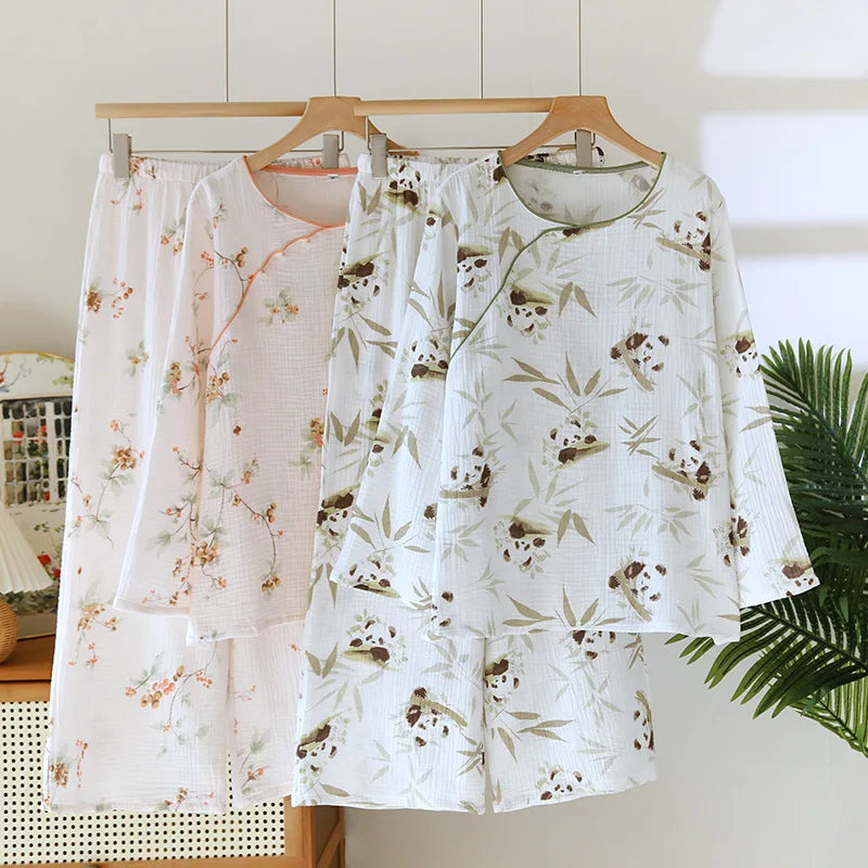 2025 Spring and Autumn New Women's Cartoon Pajama Set 100% Cotton Crepe Chinese Long Sleeve Long Pants Two Piece Set Ladies