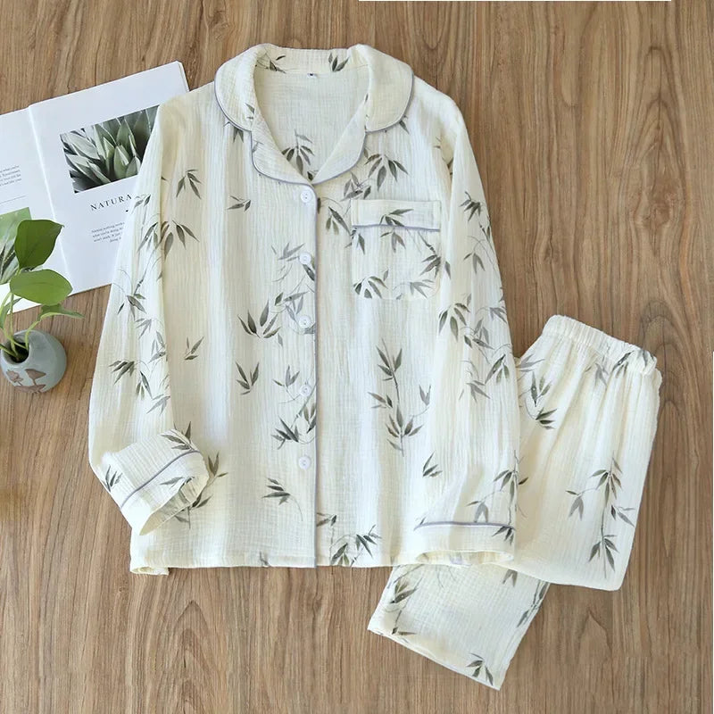 New large size pajamas women cotton crepe home service cotton long sleeve trousers suit simple and comfortable summer and autumn