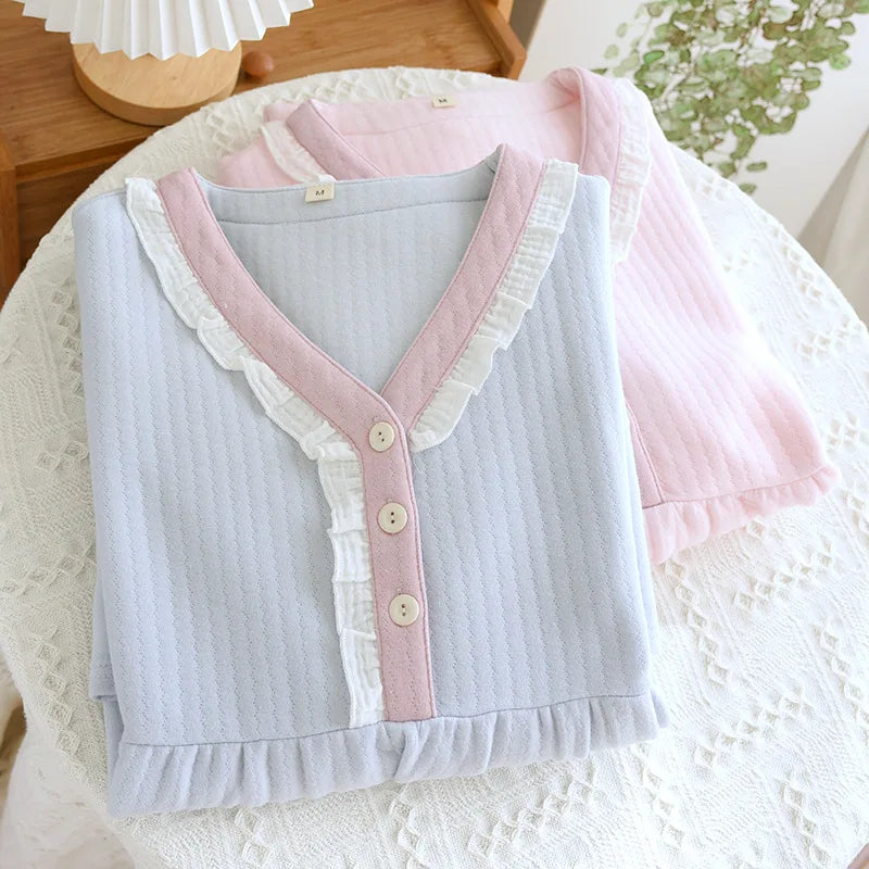 Autumn and Winter New Women's Long Skirt Thickened Thermal Nightdress 100% Cotton Cotton Clip Long Sleeve Home Dress sleepwear