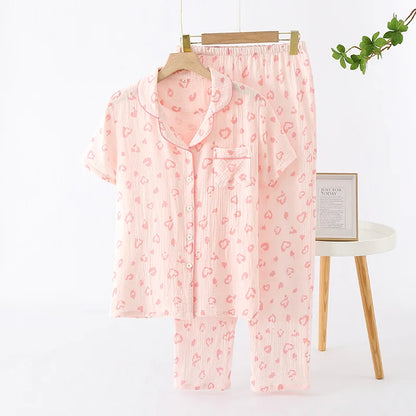 2025 Spring/Summer Women's New Pajama Set 100% Cotton Crepe Short Sleeves+Pants Flip Collar Vintage Flower Simple Homewear
