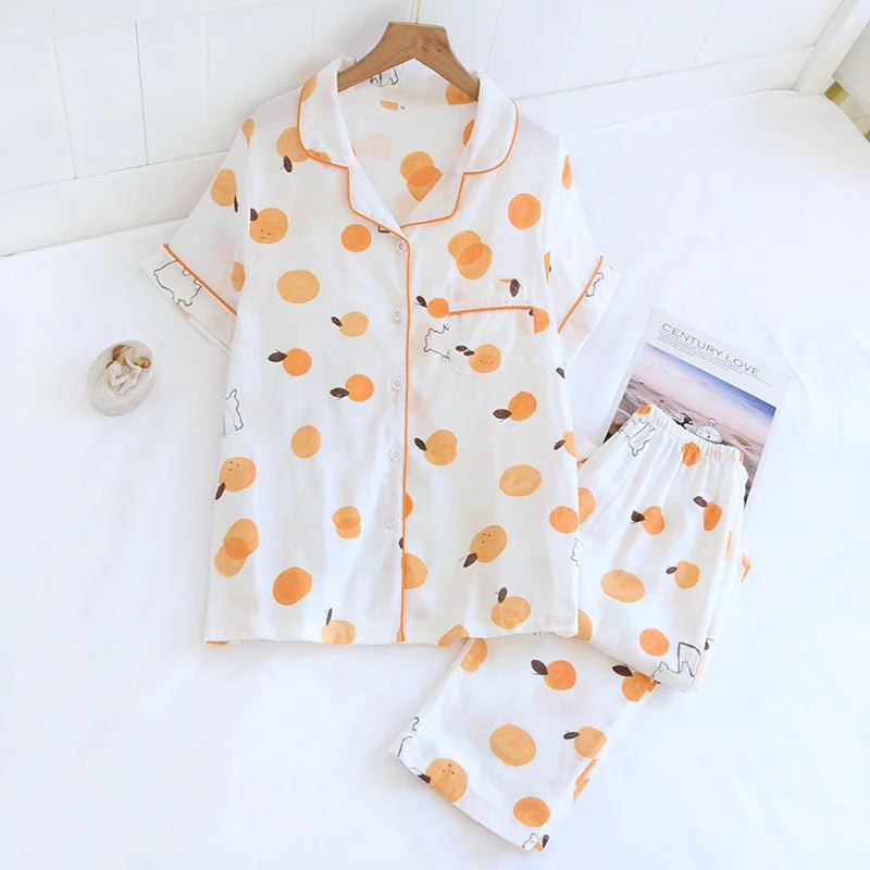 2025 Japanese style simple short women female 100% cotton gauze short sleeve trousers ladies pajamas suit cute pajamas sets home