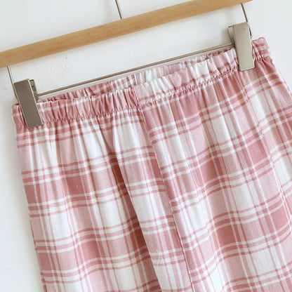 2025 New Summer Women's Pajama Set 100% Cotton Gauze Thin Short Sleeve+Shorts+Pants Simple Checkered Home Furnishing Set
