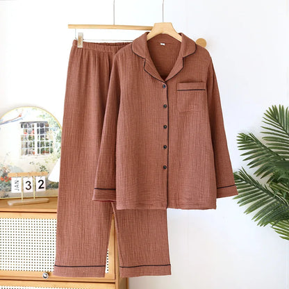 2025 New Spring Couple's Pajama Set 100% Cotton Four Layer Gauze Men's and Women's Long Sleeve Long Pants Two Piece Home Clothes