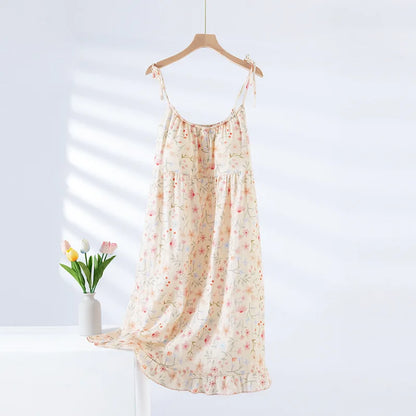 2025 New Summer Women's Sleeping Skirt 100% Cotton Bra Free Strap Skirt Thin Large Floral Dress Summer Dress Sleepwear Women