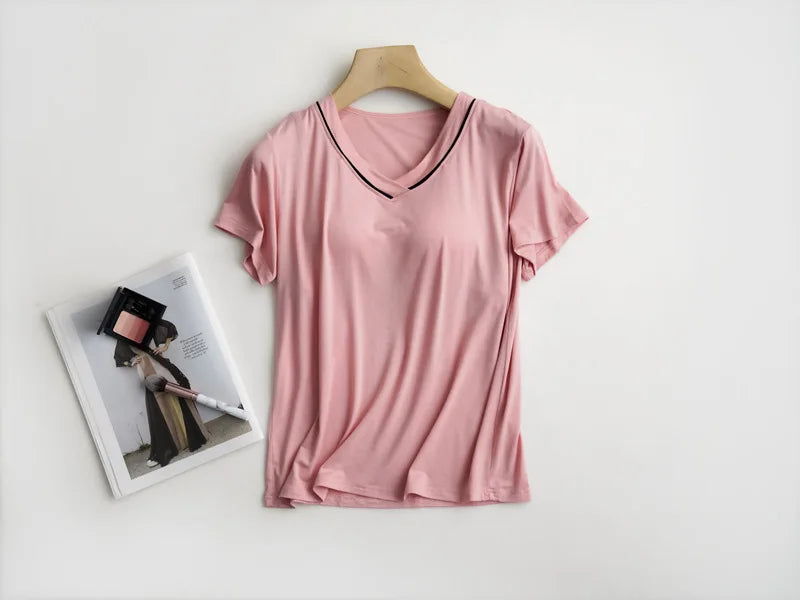 2025 summer new women's pajamas 3-piece Modal large simple pajamas with bra short sleeves+shorts+trousers casual home wear