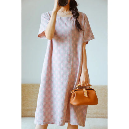 2025 New Summer Short Sleeve Sleeping Skirt 100% Cotton Yarn Weaving Jacquard Loose Pullover Mid length Plaid Skirt Home Dress