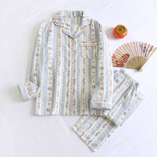2025 Japanese New Women's Pajama Set 100% Cotton Gauze Long Sleeve Long Pants Two Piece Set Fresh and Sweet Thin Home Clothing