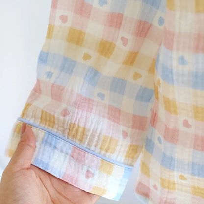 2025 Spring/Summer New Women's Pajama Set 100% Cotton Crepe Collar Love Plaid Long Sleeve Long Pants Home Clothing Set Ladies