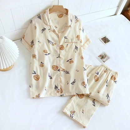 2025 Japanese style simple short women female 100% cotton gauze short sleeve trousers ladies pajamas suit cute pajamas sets home