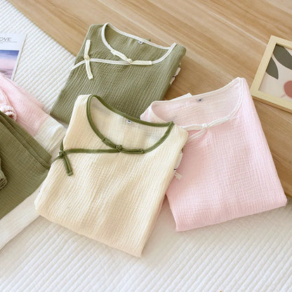 2025 Spring and Autumn New Women's Pajama Set 100% cotton crepe long-sleeved trousers classic two-piece household clothes