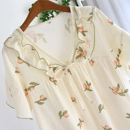 2025 Summer New Women's Pajama Dress 100% Cotton Crepe Ladies Short Sleeve Skirt Thin Flower Dress Homewear Pajama Dress