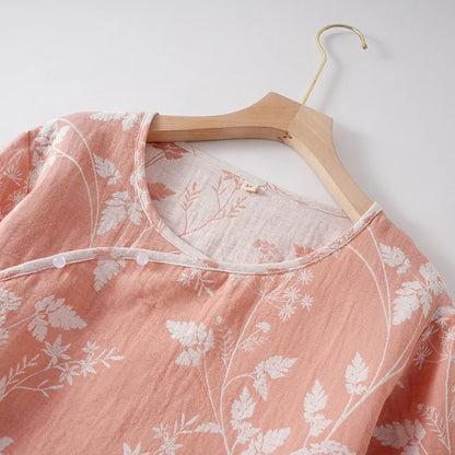 2025 New Spring and Autumn Women's Pajama Set 100% Cotton Gauze Jacquard Long Sleeve Long Pants Loose Home Clothes Two Piece Set