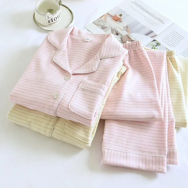 2025 Autumn/Winter New Women's Pajama Set Long Sleeve Long Pants Two Piece Set Striped German Velvet Warm Thick Home Clothes