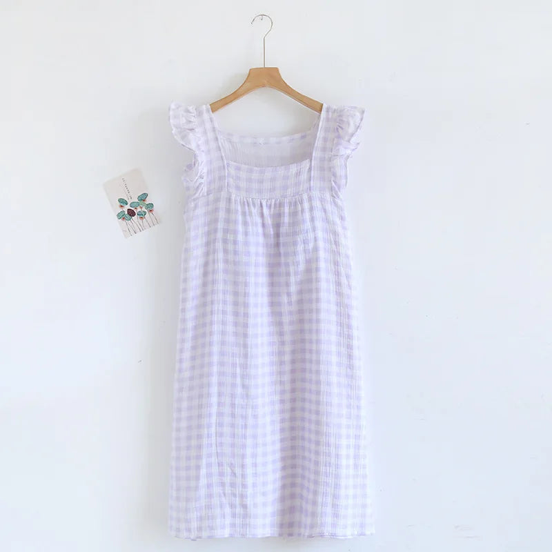 2025 Summer New Women's Sleeping Skirt Tank Top 100% Pure Cotton Large Size Loose Plaid with Chest Cushion Dress Home Fury