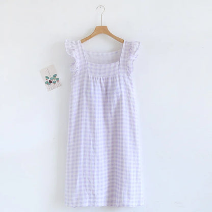 2025 Summer New Women's Sleeping Skirt Tank Top 100% Pure Cotton Large Size Loose Plaid with Chest Cushion Dress Home Fury