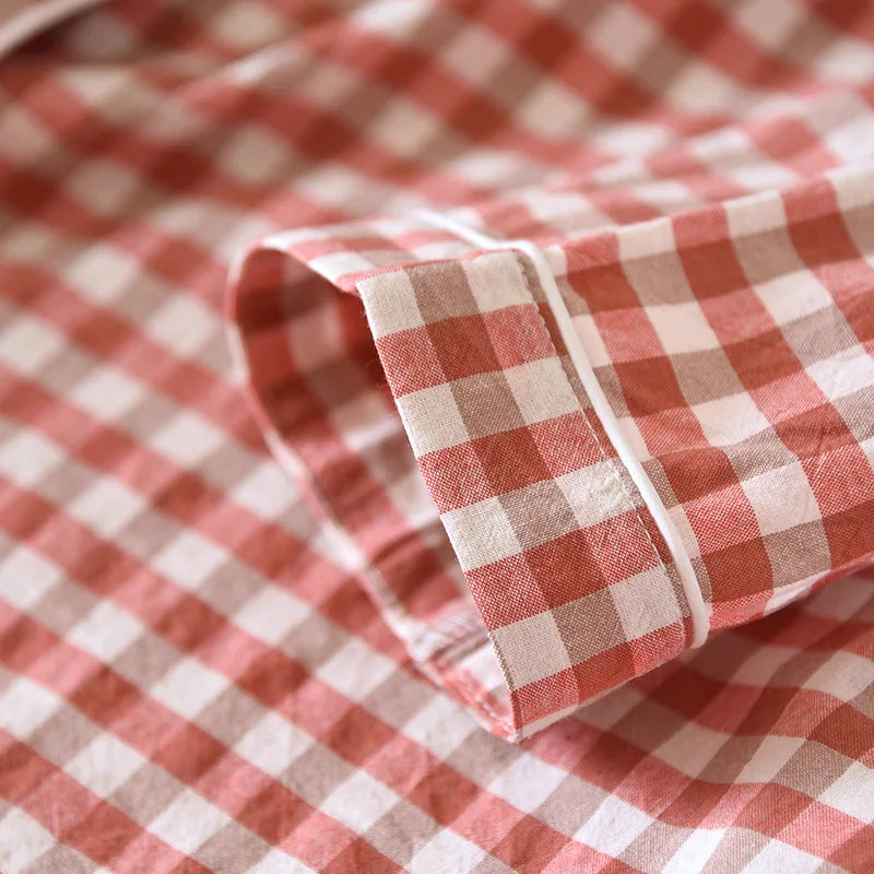 2025 New Japanese Spring and Autumn Couple Pajama Set 100% Cotton Men's and Women's Plaid Long Sleeve Two Piece Home Furnishing