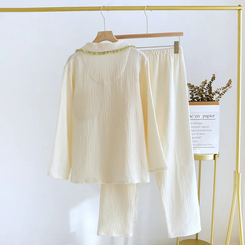 2025 Spring and Autumn New Women's Pajama Set 100%Pure Cotton Crepe Lapel Long sleeved Pants Two piece Set Fresh Loose Home Fury