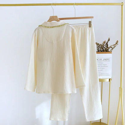 2025 Spring and Autumn New Women's Pajama Set 100%Pure Cotton Crepe Lapel Long sleeved Pants Two piece Set Fresh Loose Home Fury