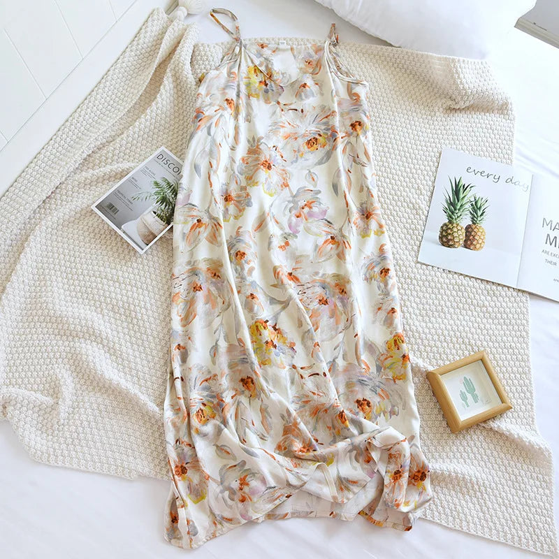 2025 Spring/Summer New Women's Sling Skirt 100% Viscose Fiber Sleeping Skirt Printed Sleeping Skirt Sexy Home Dress for Ladies