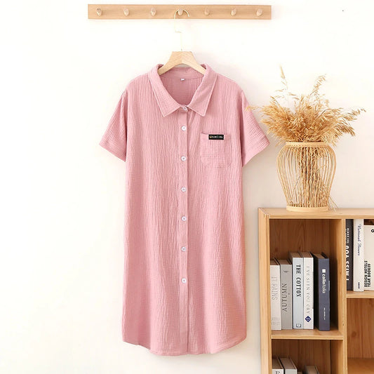 2025 New Summer Sleeping Dress 100% Cotton Crepe Short Sleeve Skirt Shirt Dress Women's Button Long Dress Home Casual Dress