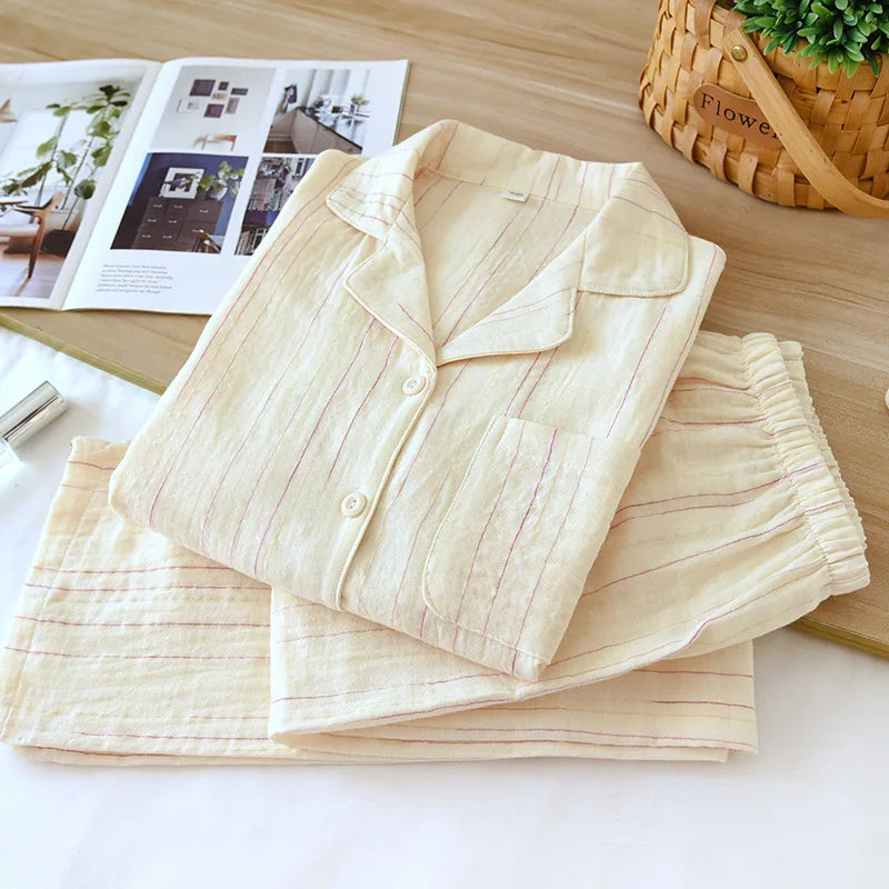 2025 Spring and Autumn New Japanese Pajama Set 100% Cotton Striped Long Sleeve Long Pants Two Piece Set Thin Home Clothing