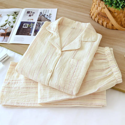 2025 Spring and Autumn New Japanese Pajama Set 100% Cotton Striped Long Sleeve Long Pants Two Piece Set Thin Home Clothing