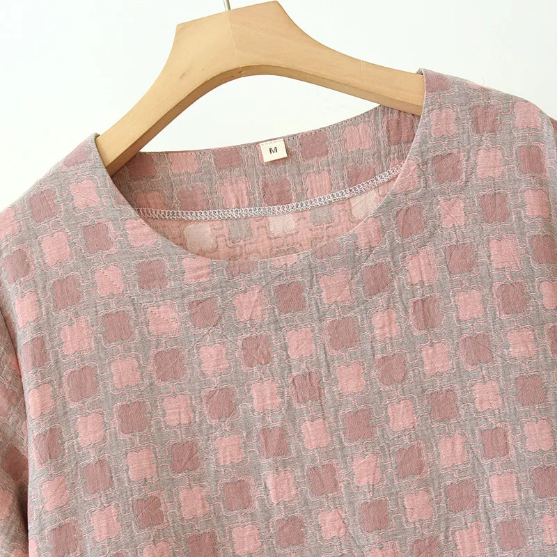 2025 New Summer Short Sleeve Sleeping Skirt 100% Cotton Yarn Weaving Jacquard Loose Pullover Mid length Plaid Skirt Home Dress