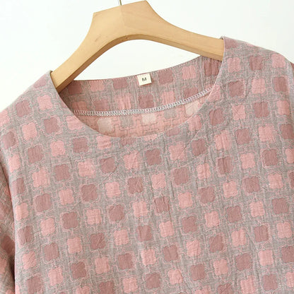 2025 New Summer Short Sleeve Sleeping Skirt 100% Cotton Yarn Weaving Jacquard Loose Pullover Mid length Plaid Skirt Home Dress