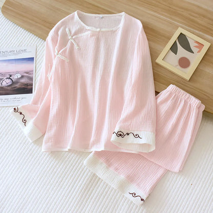 2025 Spring and Autumn New Women's Pajama Set 100% cotton crepe long-sleeved trousers classic two-piece household clothes