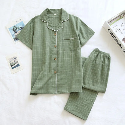2025 Japanese style simple short women female 100% cotton gauze short sleeve trousers ladies pajamas suit cute pajamas sets home