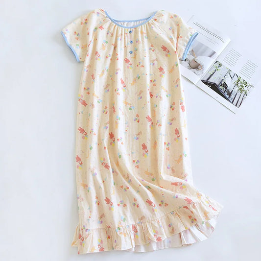 2025 Summer New Women's Pajama Skirt 100% Pure Cotton Double Layer Gauze Short Sleeve Pajama Skirt Thin Cute Pullover Home Dress